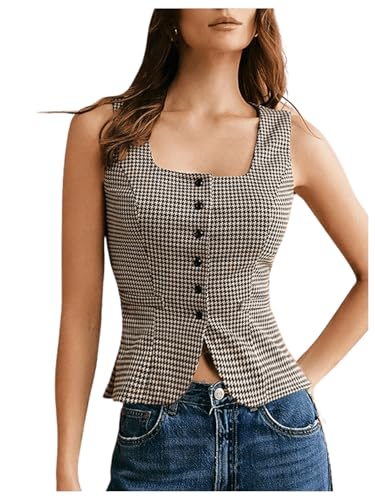 SHENHE Women's Square Neck Plaid Vest Button Up Houndstooth Dressy Business Waistcoat Suit Vest