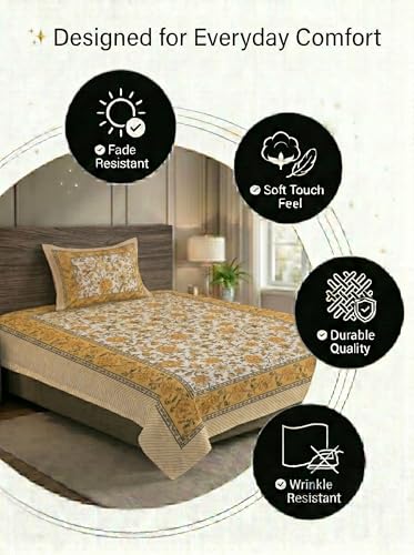Image of Mafatlal 144 TC Heritage High Thread Count 100% Cotton Handcrafted Premium Spring Bedsheet (90x60 Inch) - Traditional Jaipuri Rajasthani Hand Block Printed Bed-Sheet with Pillow Cover | Lemon Yellow