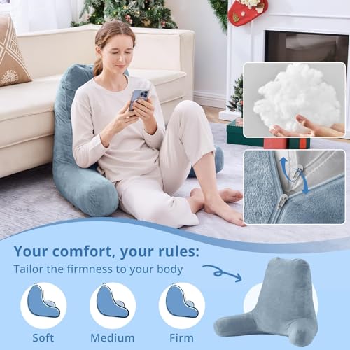 Image of Sasttie Reading Pillow for Bed, Back Pillow for Sitting Up, Greyish Blue | 25 inch Backrest Support Cushion for Couch, Sofa, and Floor, Dorm Essentials, OEKO-TEX, Adjustable Down Alternative Fill