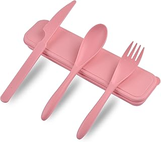 Travel Cutlery Set with Case, Plastic Cutlery Set Reusable, Camping Cutlery Set for 1, Knifes and Forks and Spoons for Daily Use or Travel Picnic Camping (Pink)