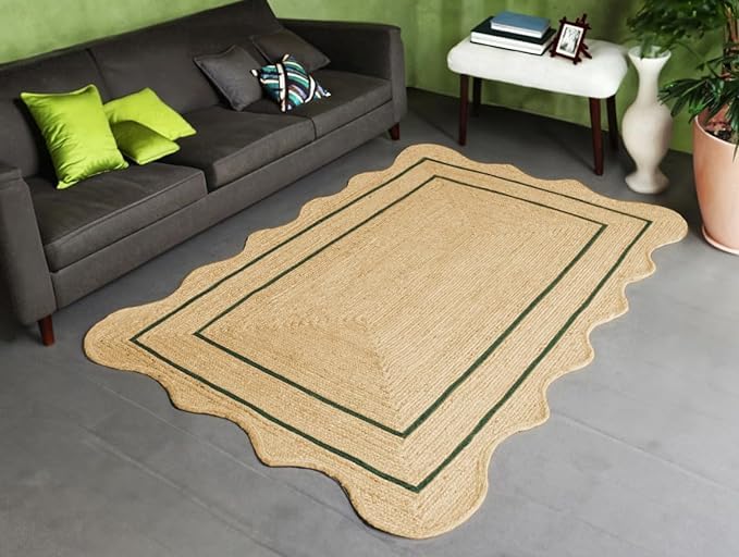 5x8 Ft Green Border Handcrafted Scalloped Natural Jute Rug | Premium Braided Carpet for Living Room, Bedroom & Entryway Styling