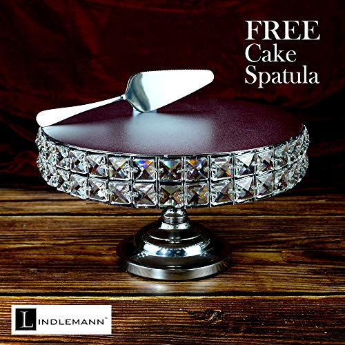 Lindlemann-Shiny Cake Stand-Decorative Metal Cake Holder W/Spatula-Round Cake Stand W/Genuine Mineral Crystals-Serving Plate Dessert Table Display-Easter & Mothers' Day Gift Dessert Tray-Silver(12In) #TOP4
