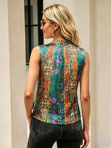 Image of Funlingo Women's Silk Satin Tank Tops Mock Neck Camisole Dressy Sleeveless Blouse Business Casual Pleated Summer Shirts 2026