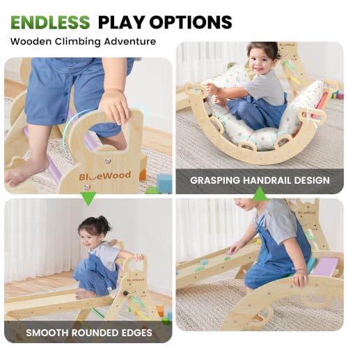 Image of BlueWood Pikler Triangle Set with Cushion, Wooden Climbing Toys for Toddler | Foldable 9-in-1 Montessori Philosophy Toddler Climbing Toys Indoor with Reversible Ramp, Arch and Ladder - Colorful