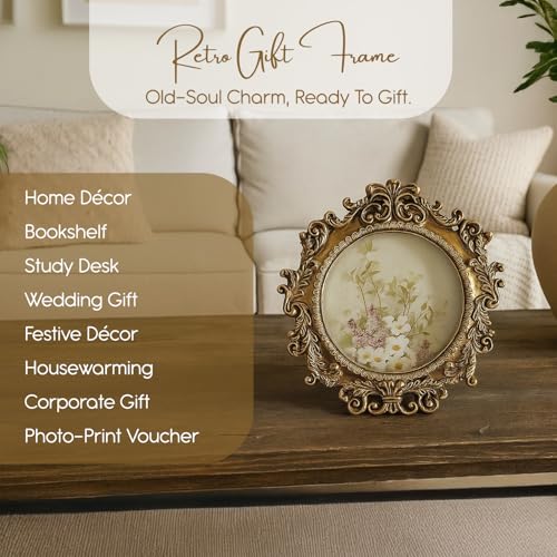 Image of Nostrae by Ekhasa Elegant Vintage Round Photo Frame with Glass | 3.5 Inch Resin Embossed Ornate Circular Picture Frame | Multi-Utility Table & Wall Use | Antique Style Frame Gift for Home Decor