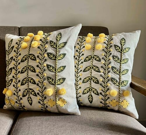 Image of Decorative Embroidered Cushion Covers | 16 x 16 inches | Crewel Work, Pom Poms, Dori Work | Luxury Home Decor for Couch, Sofa, Bed | Set of 2