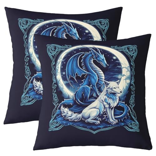 Homewish Housse de Coussin Lot de 2 Dragon Loup Housse Coussin 60x60 Pterosaure Magique Taie d'oreiller Enfants Garçons Adultes Safari Galaxie Lune Gothique...