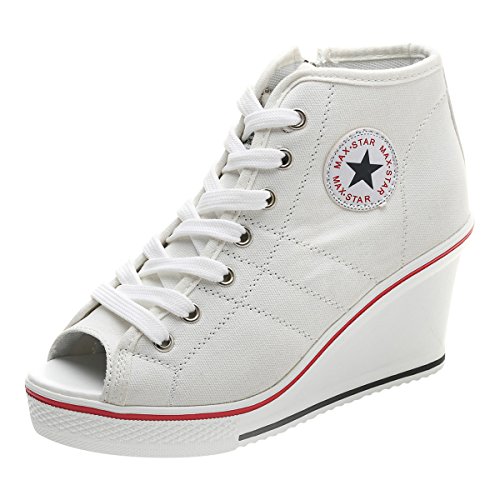 Padgene Women's Canvas High-Heeled Shoes Lace Up Fashion Sneakers Platform Wedges Pump Shoes (8 B(M) US, White)