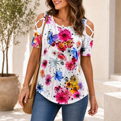 Image of Jar of Love Women's Summer Tops Short Sleeve Cold Shoulder Tops T-Shirts for Women Spring Summer Tops Loose Fit Tunic 2026