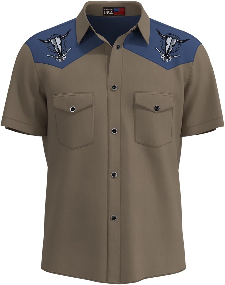 Cowboy Shirts for Men - Bison Skull Short Sleeve Button Down Mens Shirt - Wetern Themed Premium Quality Made in USA