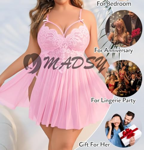 Image of Beautiful Creations Womens Plus Size Lace Floral Knee Length Babydoll Nightwear Set with G-String Panty