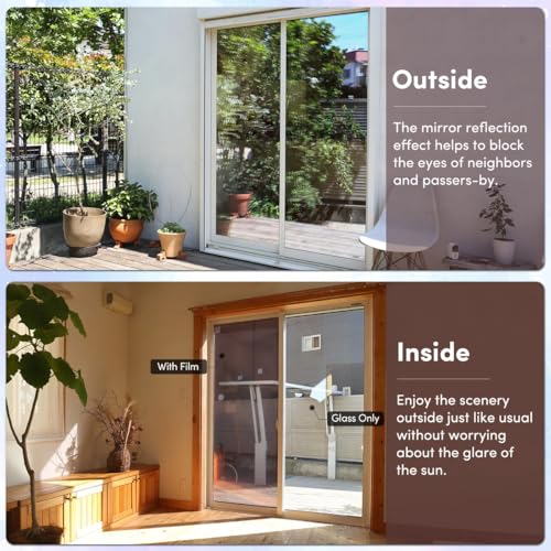 Image of Coavas One Way Privacy Window Film, Sun Blocking Reflective Window Film See Out Not in, Heat Control Window Tint for Home, Anti UV Static Cling for Windows Office Door (Brown, 17.5 Inch X 9.8 Feet)