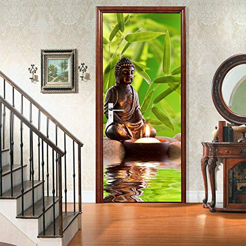 HSKABA Sticker Porte Poster Trompe l'oeil - Bougie Bouddha 77 x 200 cm - Décoration Murale Autoadhésif pour Cuisine, Salon, Chambre, Salle de Bain Cover