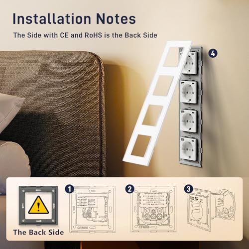 BSEED USB Steckdose Vierfach Wei&szlig; Schuko Steckdose mit USB Anschluss (Max. 2.1A) Typ C Port Unterputz Steckdose Glas Schutzkontakt-Steckdose Ladeger&auml;t f&uuml;r Handys, Laptops etc