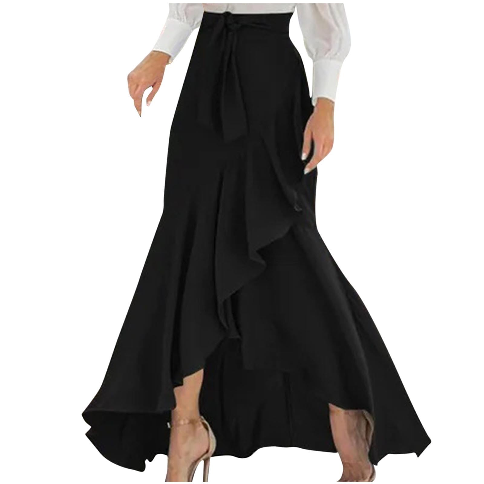 Womens High Waisted Skirt Plus Irregular Ruched Ruffle Hem Elegant A Line Long Mermaid Midi Skirts with Chain
