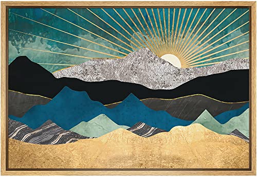 SIGNFORD Framed Canvas Print Wall Art Teal Gold Mountain Range Sunshine Nature Wilderness Illustrations Modern Art Rustic Zen Landscape Colorful for Living Room, Bedroom, Office - 24"" x36 Natural
