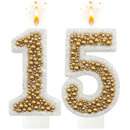 NHJINX 15 Birthday Number Candle for Cake Glitter Number Candle with Gold Beads Decorative Cake Topper for Milestone Celebrations