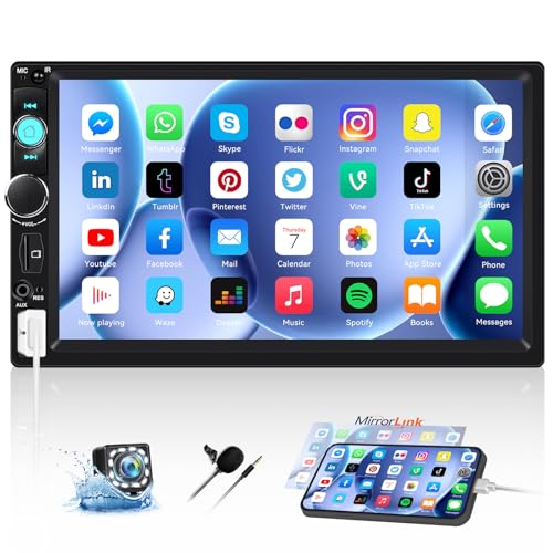 CAMECHO Radio Coche Bluetooth 2 DIN con Cámara Trasera, 7 Pulgadas Autorradio Pantalla Táctil con FM Mirror Link Control Volante EQ AUX USB +Calendario Calculadora