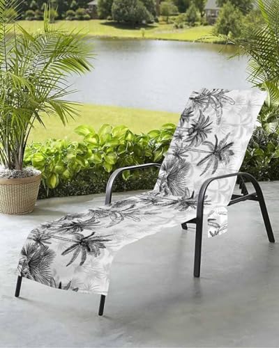 Black Palm Tree Beach Chair Towel Covers for Chaise Lounge With Side Pocket, Soft Plush Pool Towels Cover for Patio Sunbathing Outdoor Tropical Summer Banana Leaf Forest Beach 29''x85''