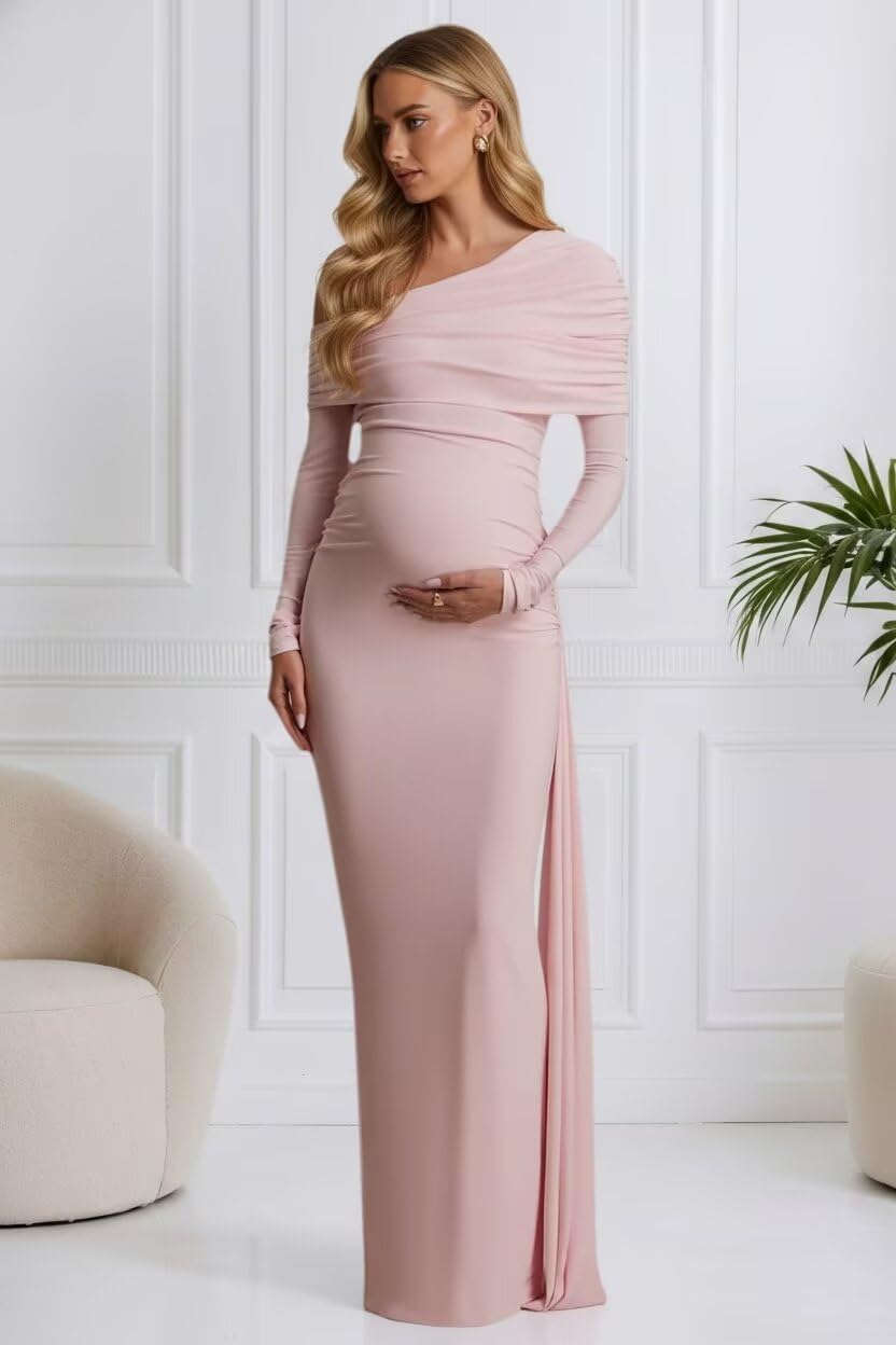 Satin Maternity Dress for Photography One Shoulder Ruched Pregnancy Photoshoot Outfit for Baby Shower Gown with Wrap