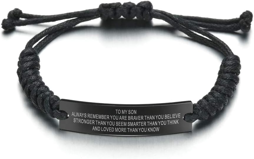 Butishop To My Son Necklace Bracelet Set Engraved Black Stainless Steel Dog Tag Pendant Adjustable Rope Bracelet Inspirational Gift from Mom or Dad Military-Style Graduation Birthday Christmas, Hypoallergenic