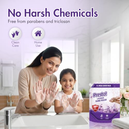 Image of Amazon Brand - Presto! Lavender Liquid Handwash 5L | Kills 99% Germs | pH Balanced, Gentle on Skin | No Added Parabens & Triclosan | Moisturising Formula