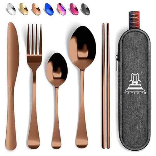 Travel Utensils With Case, 5 Pcs portable silverware set (Rose Gold)