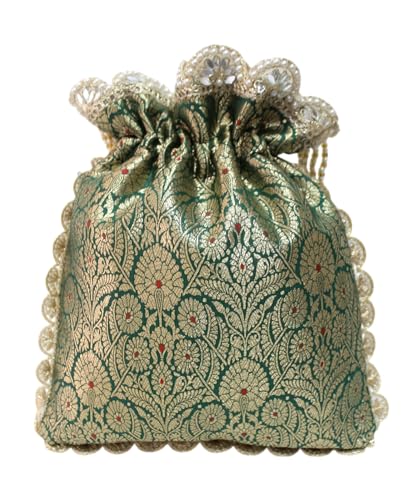 Image of MILAN'S CREATION Pure Banarasi Potli Silk Brocade Bag Purse Drawstring Women's handbag with Pearl Handle & Tassel Weddings