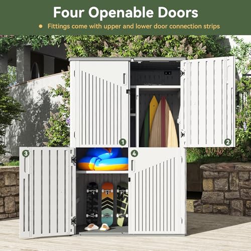 Image of Aoxun White Resin Outdoor Storage Shed with 2 Shelves & Floor, 64 Cu.Ft Vertical Waterproof Cabinet for Garage, Pool, Bike, Garden Tools, Patio Furniture