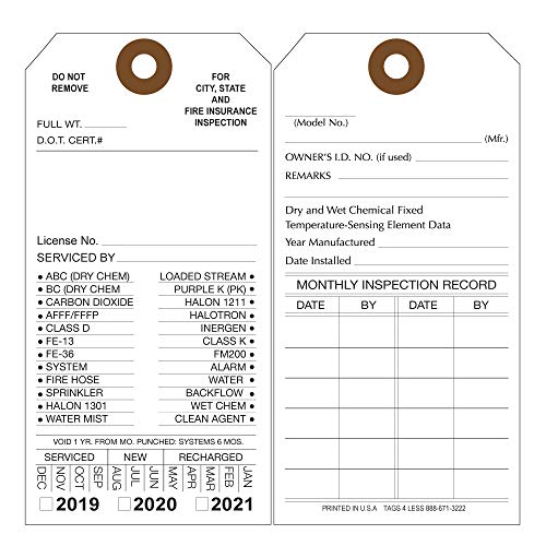 Custom Printed Fire Extinguisher Tags - Monthly Cards for Inspection - Maintenance Label Tag to Record Date Check - Alternative to Safety Sticker - Pack of 100 (White, Cardboard)