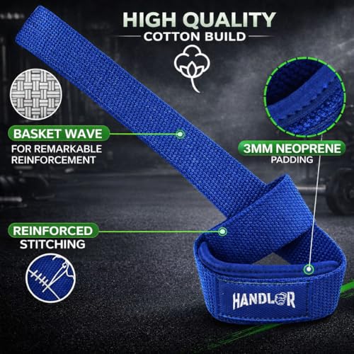 Image of Handler 23-Inch Weight Lifting Straps for Gym Workout - Wrist Support Wraps for Deadlifts, Calisthenics, Boxing & Strength Training - Non-Slip Grip, Neoprene Padded Gym Accessories for Men & Women (Blue, 23 Inches)