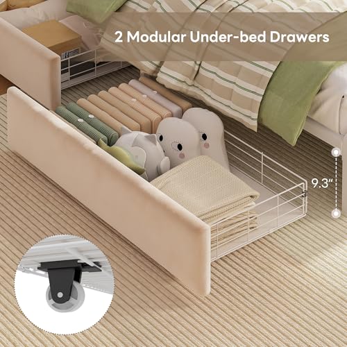 Image of LIKIMIO Full Upholstered LED Bed Frame with 2 Storage Drawers and Bookcase Storage Headboard, Velvet Princess Platform Bed with Charging Station, Heavy Duty Metal Support, No Box Spring Needed, Beige