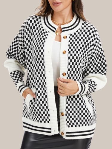 Checkerboard Knit Cardigan for Women Fall 2025 Drop Shoulder Button Front Black and White Sweater with Pockets2