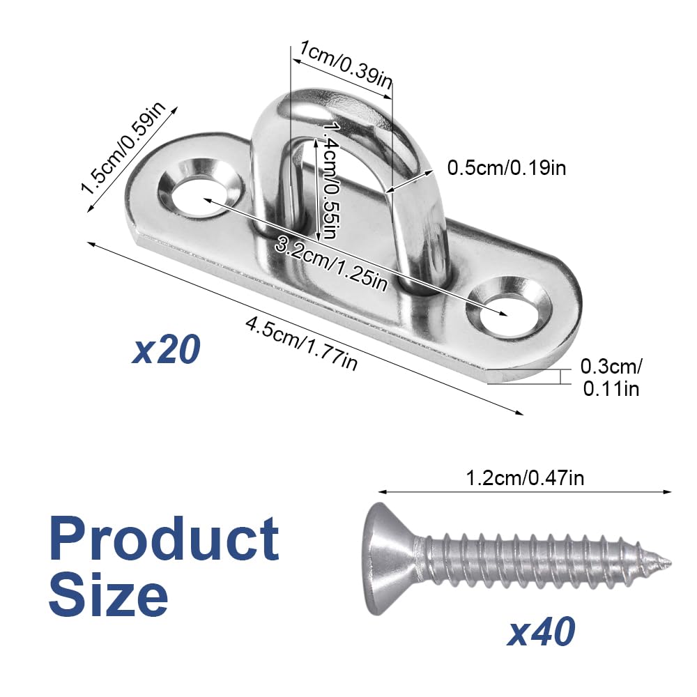 20 Pezzi M5 Piastra Ad Occhiello in Acciaio Inox, Placca Occhiello in 304 con Vite, Occhielli Inox a U, Robusta M5 Gancio per Piastra Oculare per Swing, Amaca, Aerial Yoga, Parasole, Appendere Oggetti