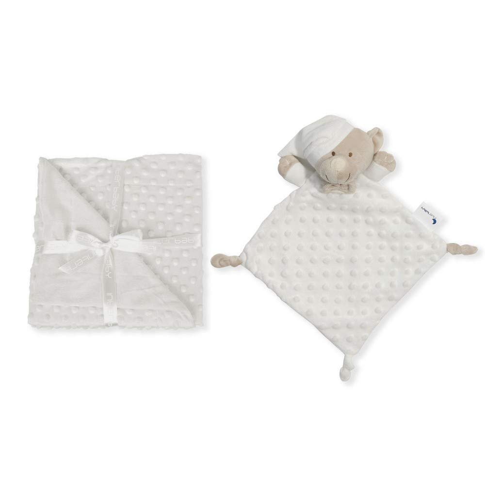 Interbaby Couverture+ Doudou Bébé | Couverture Bébé Naissance Bulles 80x110cm + Peluche Ourson 28x17cm | Cadeau Naissance Fille & Garçon en Coffret | Bulles + Ourson Beige