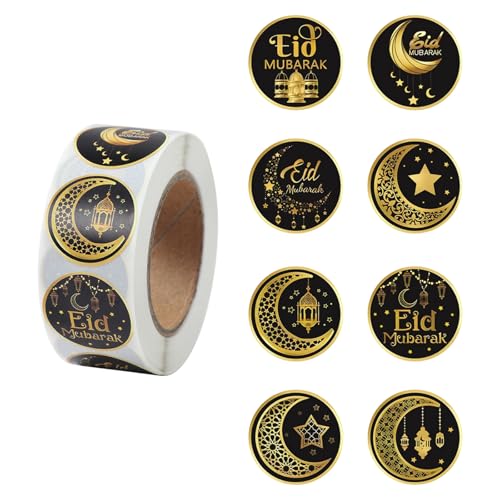 Bubaxuce 500 STK 2 5 cm Eid Mubarak Ramadan Kareem Aufkleber Rolle 8 runde Designs Glückliches Eid Geschenketiketten Selbstklebende Aufkleber für Geschenkpapier
