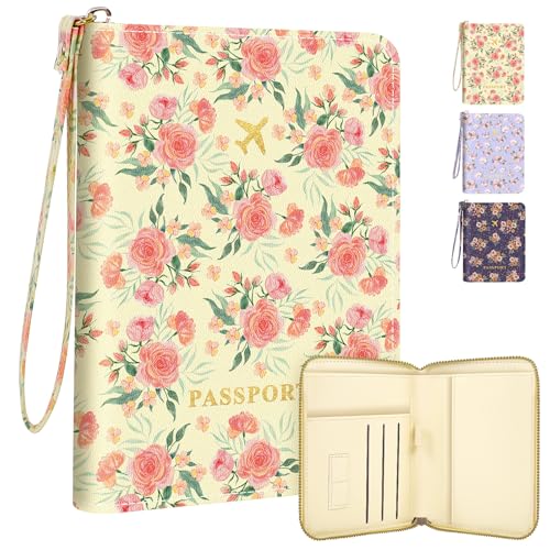 KONVINIT Passport Holder, Passport Holder For Travel, Passport Cover For Travel Essentials, Passport Wallet Cover RFID Blocking, Cute Passport Book for Women and Men, Pink Flowers