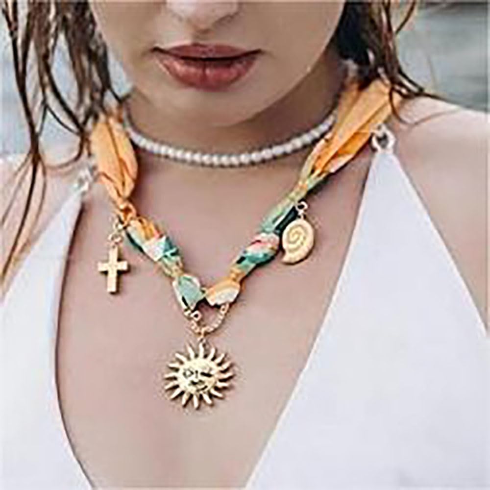 Scarf Ocean Necklace For Women Adjustable Charm Silk Tie Choker Necklaces Boho Sun Conch Fish Pendant Scarf Necklaces Dainty Beach Jewelry For Women - Image 3