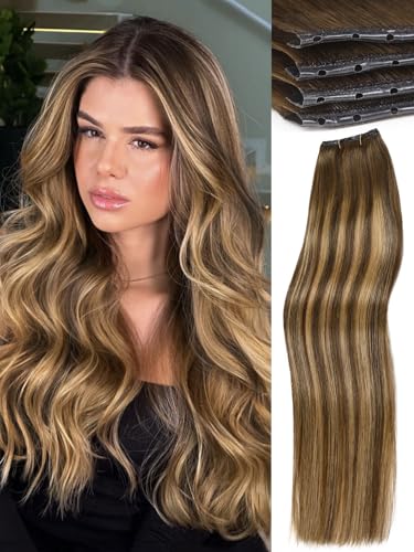 WIGNEE OVO Butterfly Invisible Weft Hair Extensions Human Hair Glueless 18 Inch 100% Real Remy Human Hair Extensions T4/27 Highlight Honey Blonde Hair Extensions Real Human Hair for Strong Volume