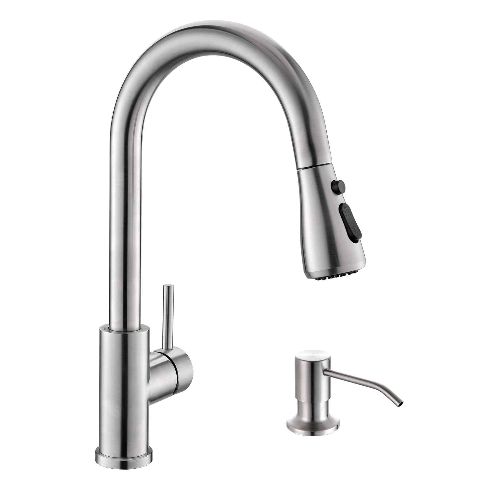 Kicimpro Kitchen Sink Faucet with Soap Dispenser, 3 Modes Kitchen Faucet with Pull Down Sprayer and Soap Dispenser, 304 Stainless Brushed Nickel Single Handle Kitchen Bar Faucets with Water Lines