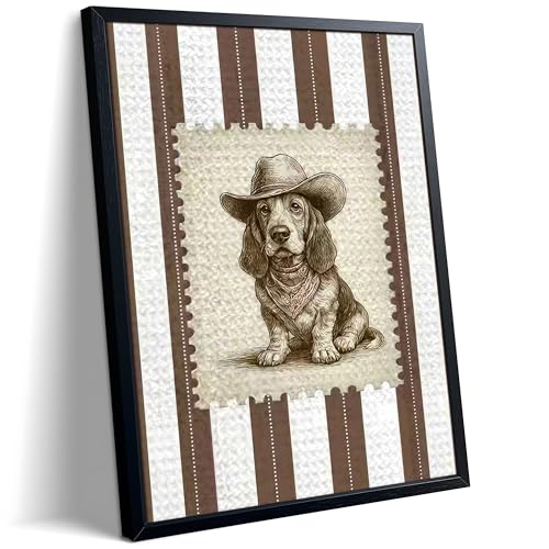 Vintage Cowboy Dog Wall Art, Western Basset Hound Canvas Print, Farm Rustic Country Animal Wall Decor, Southwestern Poster Oil Painting for Living Room Bedroom Nursery Office 16x24 Inch Framed