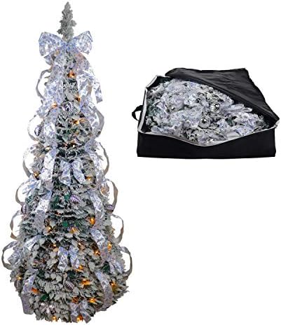 Flocked Christmas Tree - Fully Decorated Dressed - Pre-Lit 6 Ft Pull Up Pop Up with Storage Bag - Includes Holiday Decorations, Ornaments, Pinecones, Stand and Warms Lights