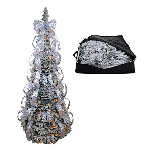 Flocked Christmas Tree - Fully Decorated Dressed - Pre-Lit 6 Ft Pull Up Pop Up With Storage Bag - Includes Holiday Decorations, Ornaments, Pinecones, Stand And Warms Lights #TOP8