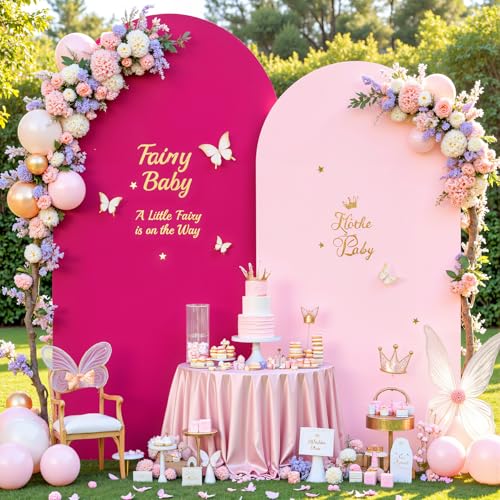 Image of Pink and Hot Pink Photo Arch Backdrop Cover Set of 2 Spandex 7.2 and 6ft Arch Covers Stretchy Backdrop Birthday Party Arch Stand Covers for Girls Baby Shower Wedding Banquet Background Decoration
