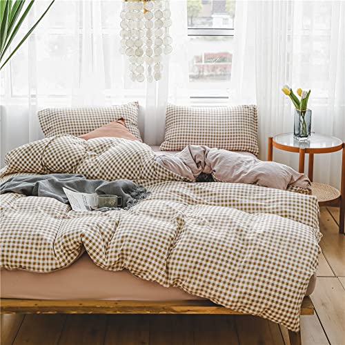 NSNLGSGC 掛け布団カバー 掛ふとんカバー セミダブル 単品売り 掛けふとんカバー ふとんカバー チェック ブラウン 柄 170×210cm 韓国 シーツ 洗える 抗菌 防臭…