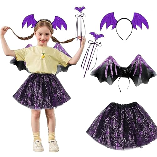 FYZSJWL Disfarce morcego menina 4 peças, asas morcego, disfarce de Halloween menina, asas de morcego disfarce, disfarce de morcego crianças, para festas infantis de jogos de RPG Halloween