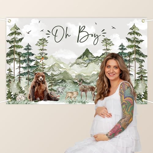 Image of Avezano Oh Boy Backdrop Forest Adventure Baby Shower Photography Background Mountain Wilderness Woodland Baby Shower Decorations Watercolor Greenery Forest Party Photoshoot Banner (6 x 3.6 ft)