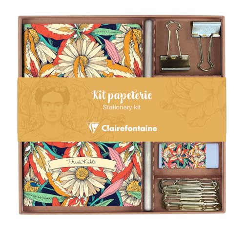 Clairefontaine 116231C - Un Kit de Papeterie contenant un Carnet 11x17 cm 64 Pages Lignées, un Crayon de Papier, 2 Pinces doubles-clip, 10 Trombones et une Gomme - Collection Frida Kahlo