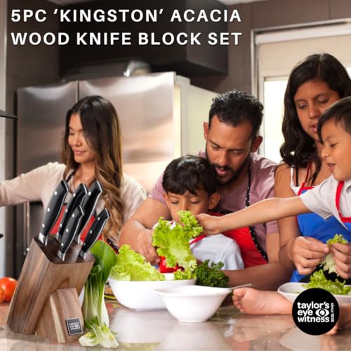 Taylors Eye Witness 6 PCE Kitchen Knife Block Set - 5 Useful Knives, Acacia Wood Block. Stainless Steel Precision, Full Tang & Durable. Including Paring, Veg, Chef, Bread & Carving Knives - Image 3