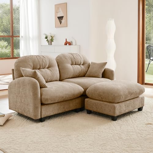 Image of KEIKI 74 inch L-Shaped Oversized Chenille Modular Sectional Loveseat Sofa with 1 Ottoman, High-Density Foam Cushions, Tufted Pleated Cushion Backrest, 2-Seater Couch with 2 Pillow, for Living Room, Camel